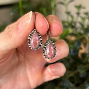 Vintage Sterling Silver Pink Rhodochrosite Teardrop Earrings